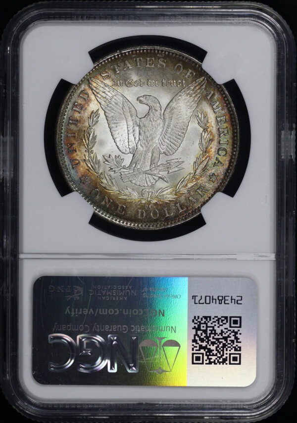 Reverse of this 1891-CC Top-100 VAM-3 Spitting Eagle Morgan Dollar NGC MS-65 Blue, Green, & Crimson Rim Toning