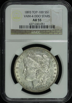 Obverse of this 1893 Top-100 Morgan Dollar VAM-4 DDO Stars NGC AU-55