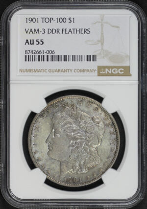 Obverse of this 1901 Top-100 Morgan Dollar VAM-3 Doubled Die Reverse Feathers NGC AU-55