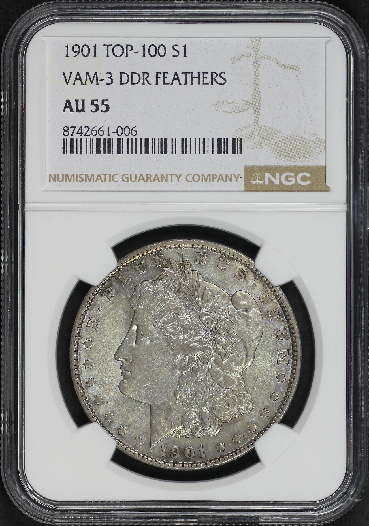 Obverse of this 1901 Top-100 Morgan Dollar VAM-3 Doubled Die Reverse Feathers NGC AU-55