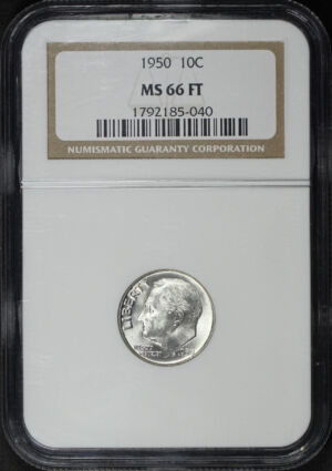 Obverse of this 1950 Roosevelt Dime NGC MS-66 FT