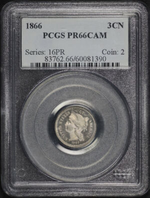 Obverse of this 1866 Three Cent Nickel PCGS PR-66 CAM