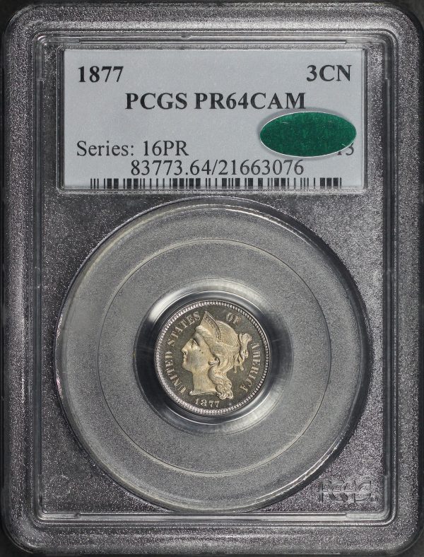 Obverse of this 1877 Three Cent Nickel PCGS PR-64 CAM CAC