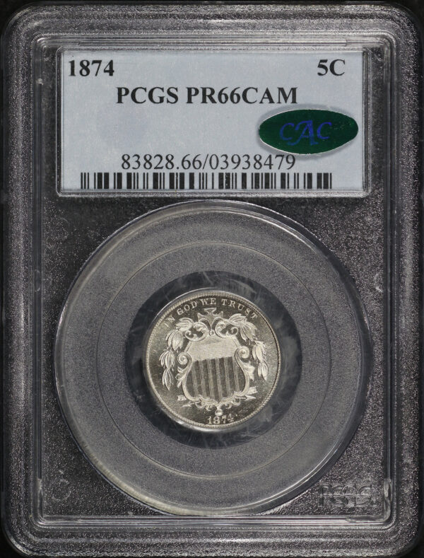 Obverse of this 1874 Shield Nickel PCGS PR-66 CAM