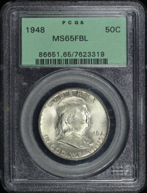 Obverse of this 1948 Franklin Half Dollar PCGS MS-65 FBL Old Green Holder