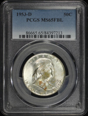 Obverse of this 1953-D Franklin Half Dollar PCGS MS-65 FBL
