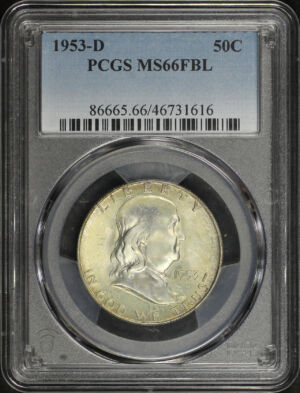 Obverse of this 1953-D Franklin Half Dollar PCGS MS-66 FBL