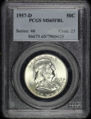 Obverse of this 1957-D Franklin Half Dollar PCGS MS-65 FBL