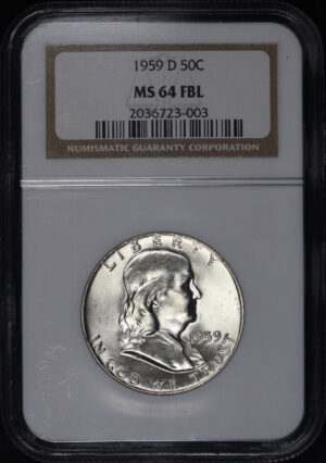 Obverse of this 1959-D Franklin Half Dollar NGC MS-64 FBL