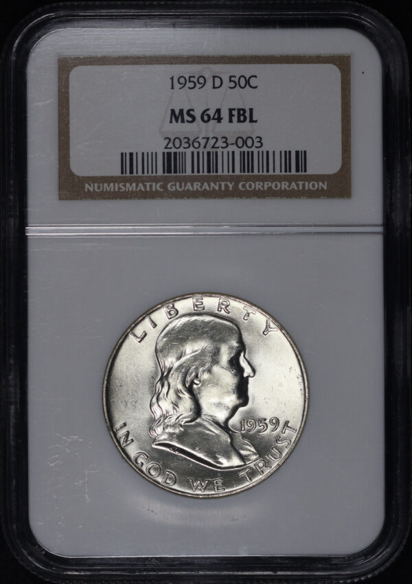 Obverse of this 1959-D Franklin Half Dollar NGC MS-64 FBL