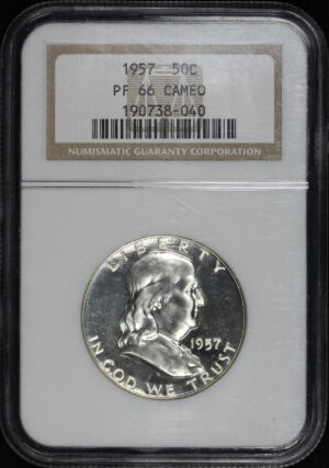 Obverse of this 1957 Franklin Half Dollar NGC PF-66 CAM