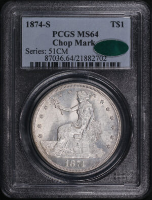 Obverse of this 1874-S Trade Dollar Chopmarked PCGS MS-64 CAC