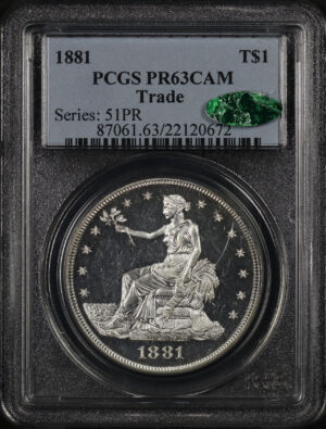 Obverse of this 1881 Trade Dollar PCGS PR-63 CAM CAC