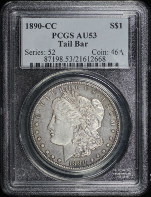 Obverse of this 1890-CC Morgan Dollar Tailbar PCGS AU-53