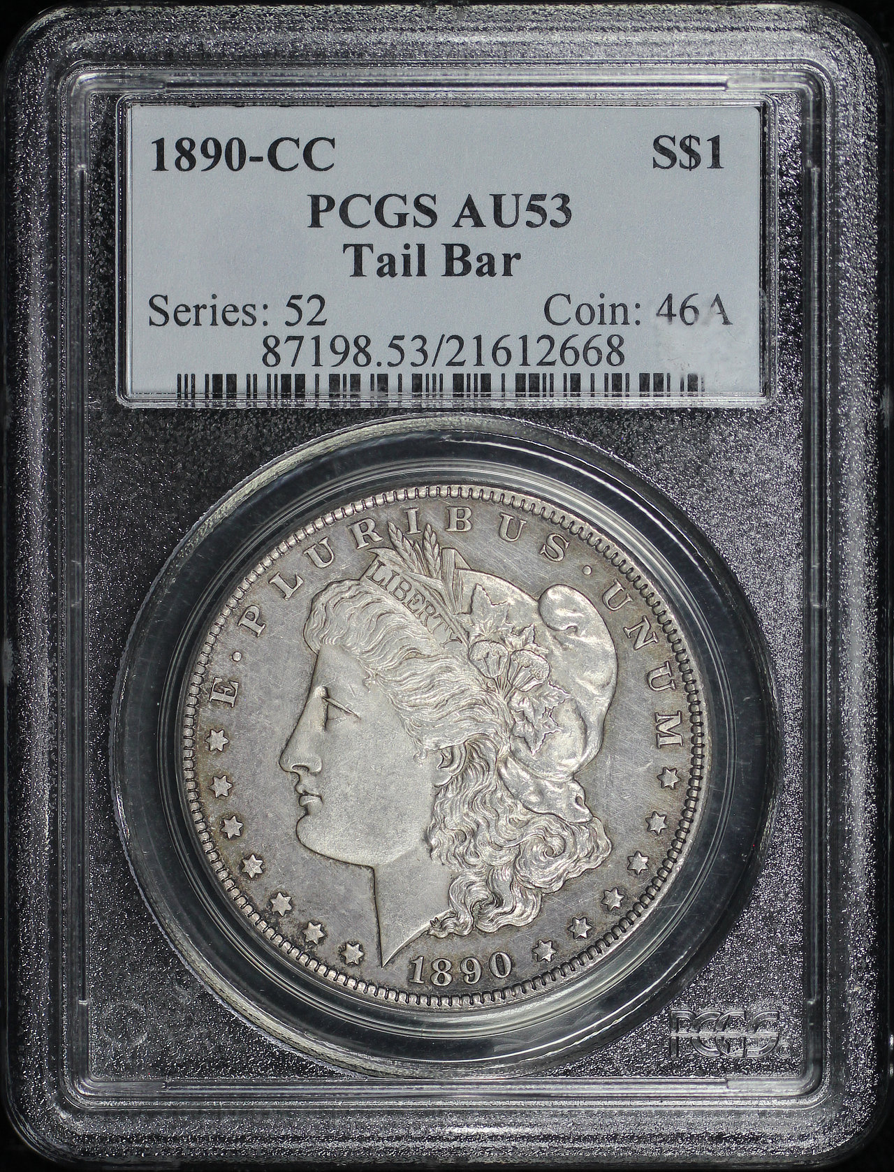 Obverse of this 1890-CC Morgan Dollar Tailbar PCGS AU-53