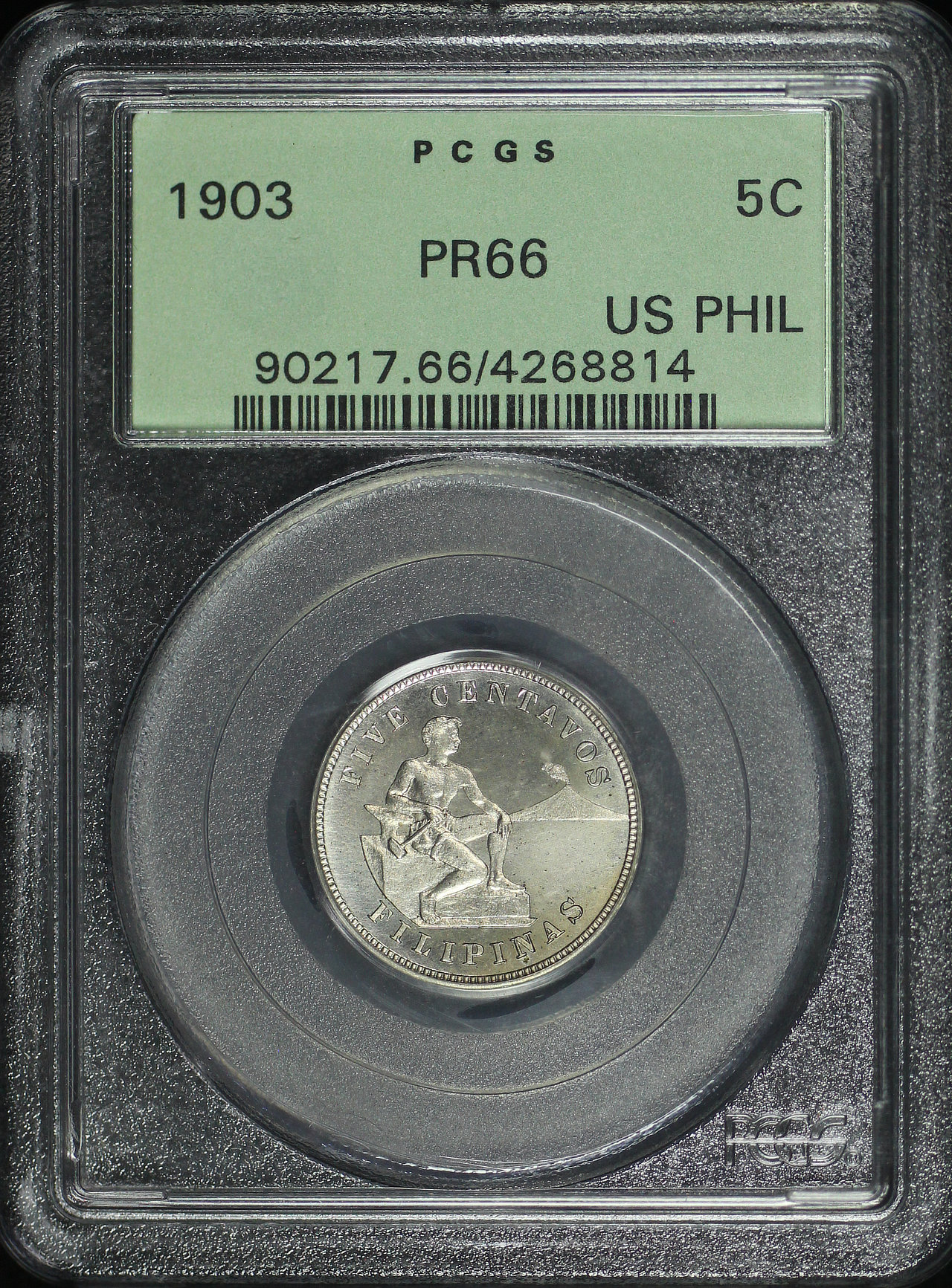 Obverse of this 1903 U.S. Philippines 5C PCGS PR-66 Old Green Holder
