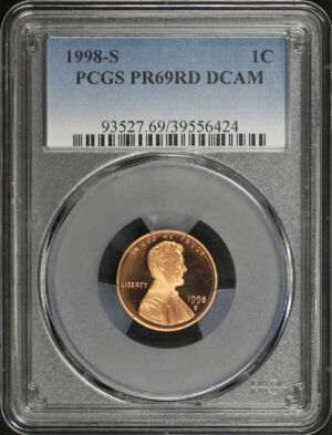 Obverse of this 1998-S Lincoln Cent Modern PCGS PR-69 RD DCAM