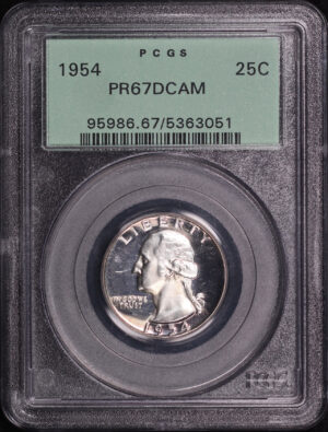 Obverse of this 1954 Washington Quarter PCGS PR-67 DCAM Old Green Holder