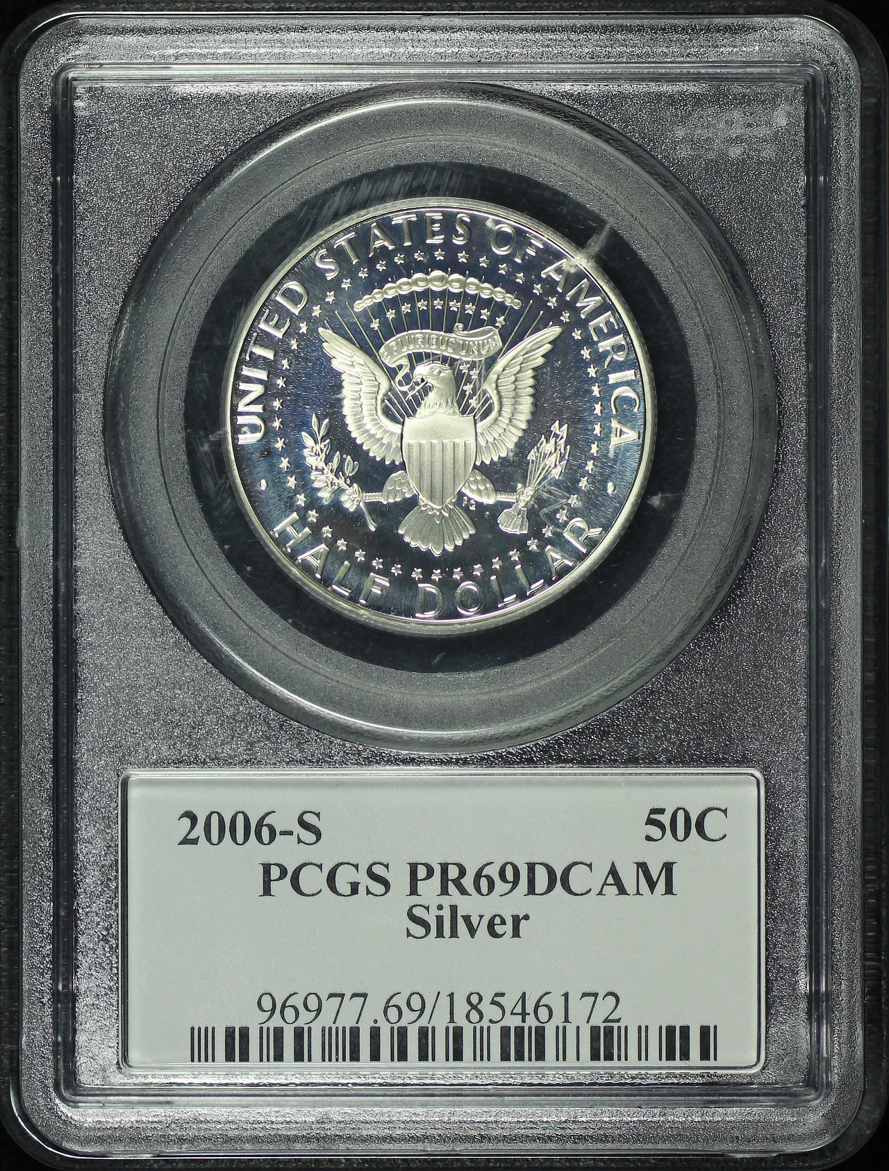 Reverse of this 2006-S Kennedy Half Dollar Silver PCGS PR-69 DCAM JFK Signature