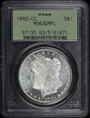 Obverse of this 1882-CC Morgan Dollar PCGS MS-63 DMPL Old Green Holder