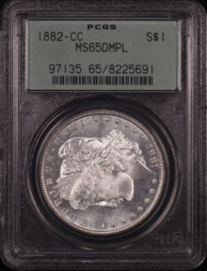 Obverse of this 1882-CC Morgan Dollar PCGS MS-65 DMPL Old Green Gasket Holder