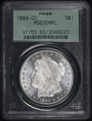 Obverse of this 1884-CC Morgan Dollar PCGS MS-63 DMPL Old Green Holder