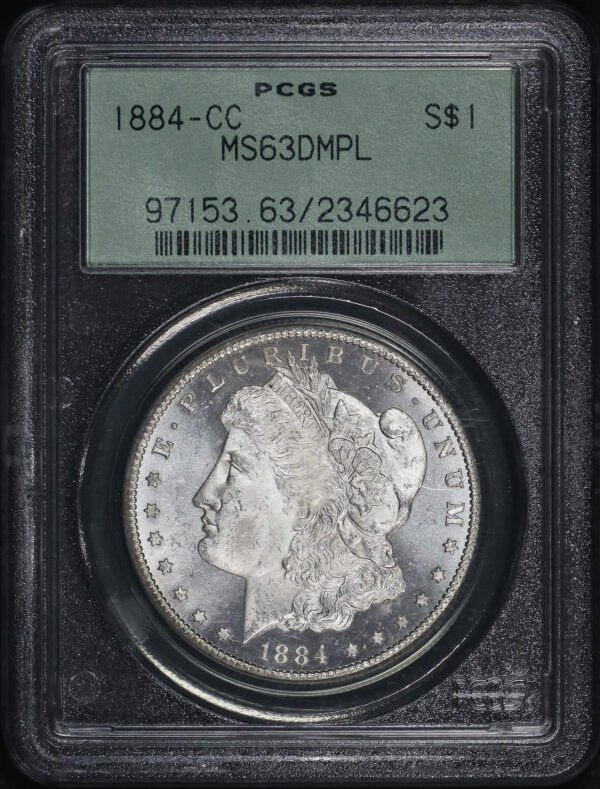 Obverse of this 1884-CC Morgan Dollar PCGS MS-63 DMPL Old Green Holder