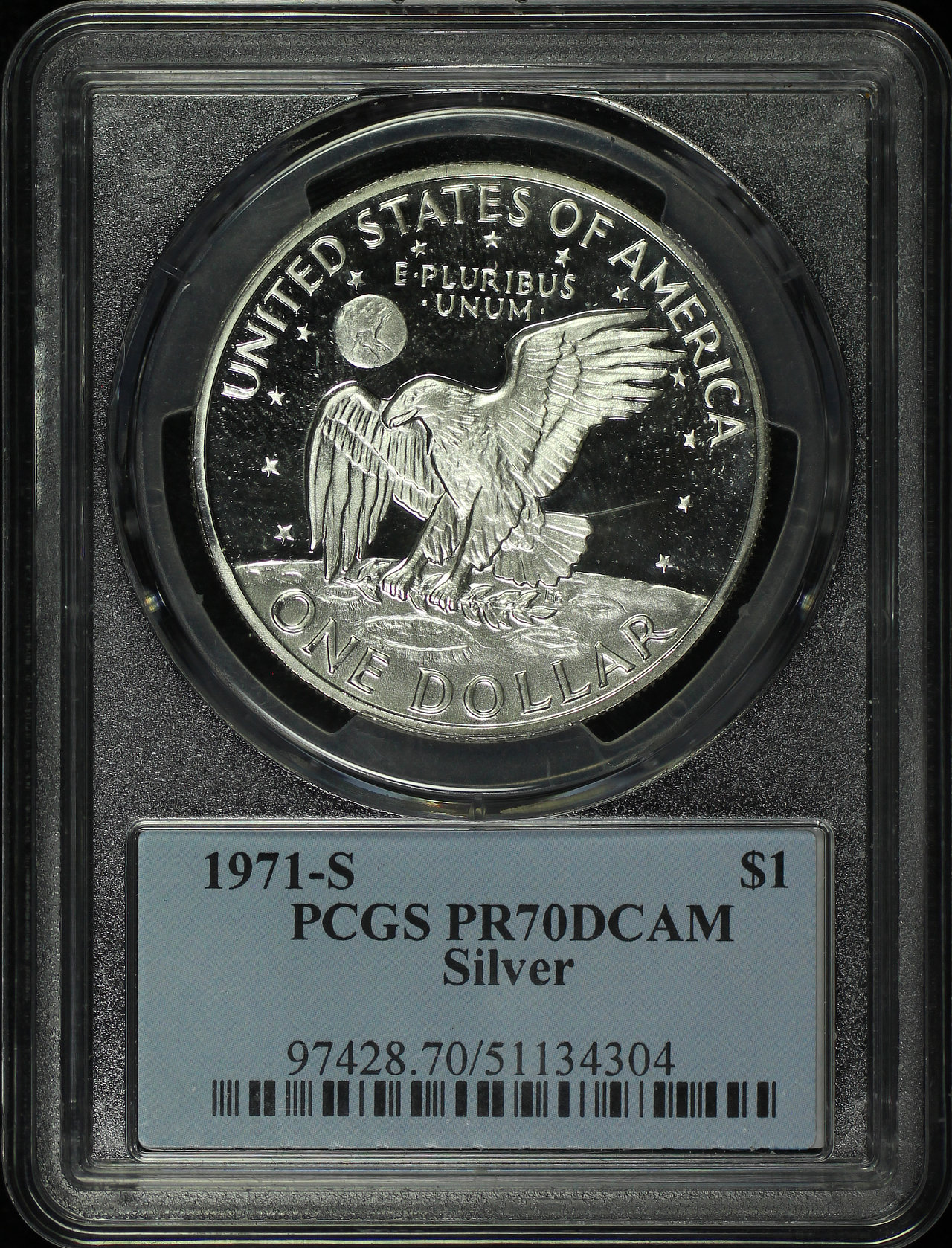 Reverse of this 1971-S Silver Eisenhower Ike Dollar PCGS PR-70 DCAM Presidential Series Label