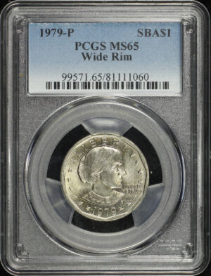 Obverse of this 1979-P Susan B. Anthony Dollar Wide Rim PCGS MS-65