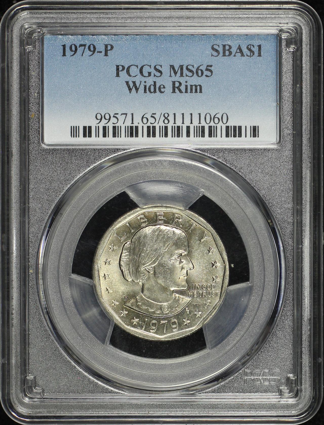 Obverse of this 1979-P Susan B. Anthony Dollar Wide Rim PCGS MS-65