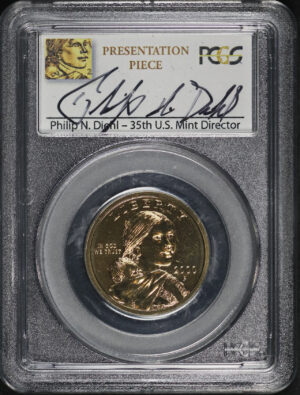 Obverse of this 2000-P Sacagawea Dollar Presentation Glenna Goodacre & Philip Diehl Signature Label PCGS SP-67