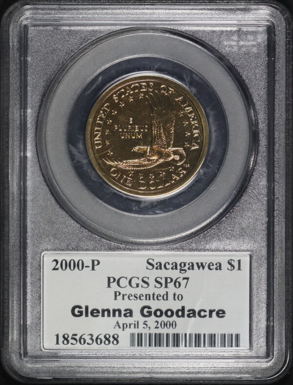 Reverse of this 2000-P Sacagawea Dollar Presentation Glenna Goodacre Philip Diehl Signature Label PCGS SP-67