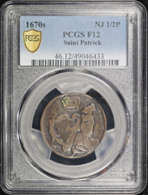 Obverse of this 1670s Colonial New Jersey Saint Patrick Half Penny PCGS F-12