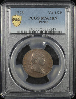 Obverse of this 1773 Colonial Virginia 1/2 Penny with Period PCGS MS-63 BN