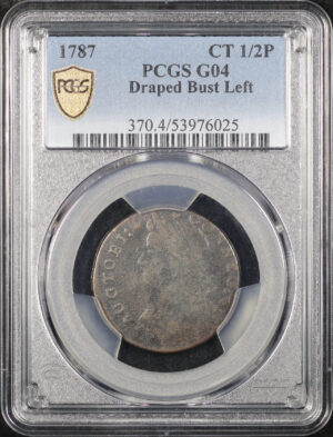 Obverse of this 1787 Connecticut 1/2P Draped Bust Left PCGS G-04 BN