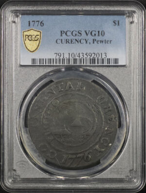 Obverse of this 1776 Continental Curency, Pewter Dollar PCGS VG-10