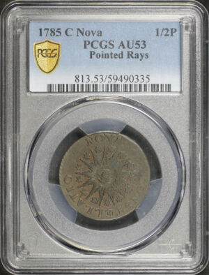 Obverse of this 1785 C Nova Pointed Rays 1/2P PCGS AU-53 BN