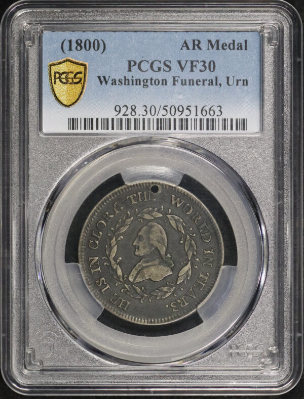 Obverse of this 1800 Washington Funeral Urn AR Medal PCGS VF-30 