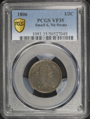 Obverse of this 1806 Draped Bust Half Cent Small 6, No Stems PCGS VF-35 BN