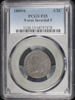 Obverse of this 1809/6 Classic Head Half Cent 9 over Inverted 9 PCGS F-15 BN