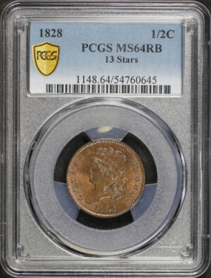 Obverse of this 1828 Classic Head Half Cent 13 Stars PCGS MS-64 RB