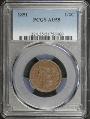 Obverse of this 1851 Braided Hair Half Cent PCGS AU-55 BN