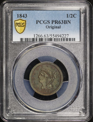 Obverse of this 1843 Braided Hair Half Cent Original PCGS PR-63 BN