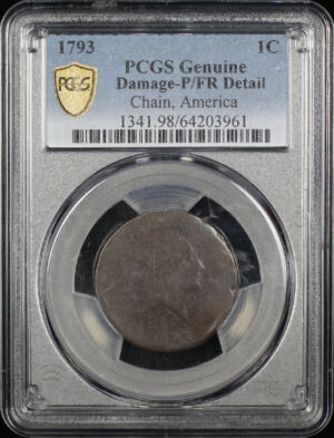Obverse of this 1793 Flowing Hair Large Cent Chain America PCGS P/FR Details Damaged