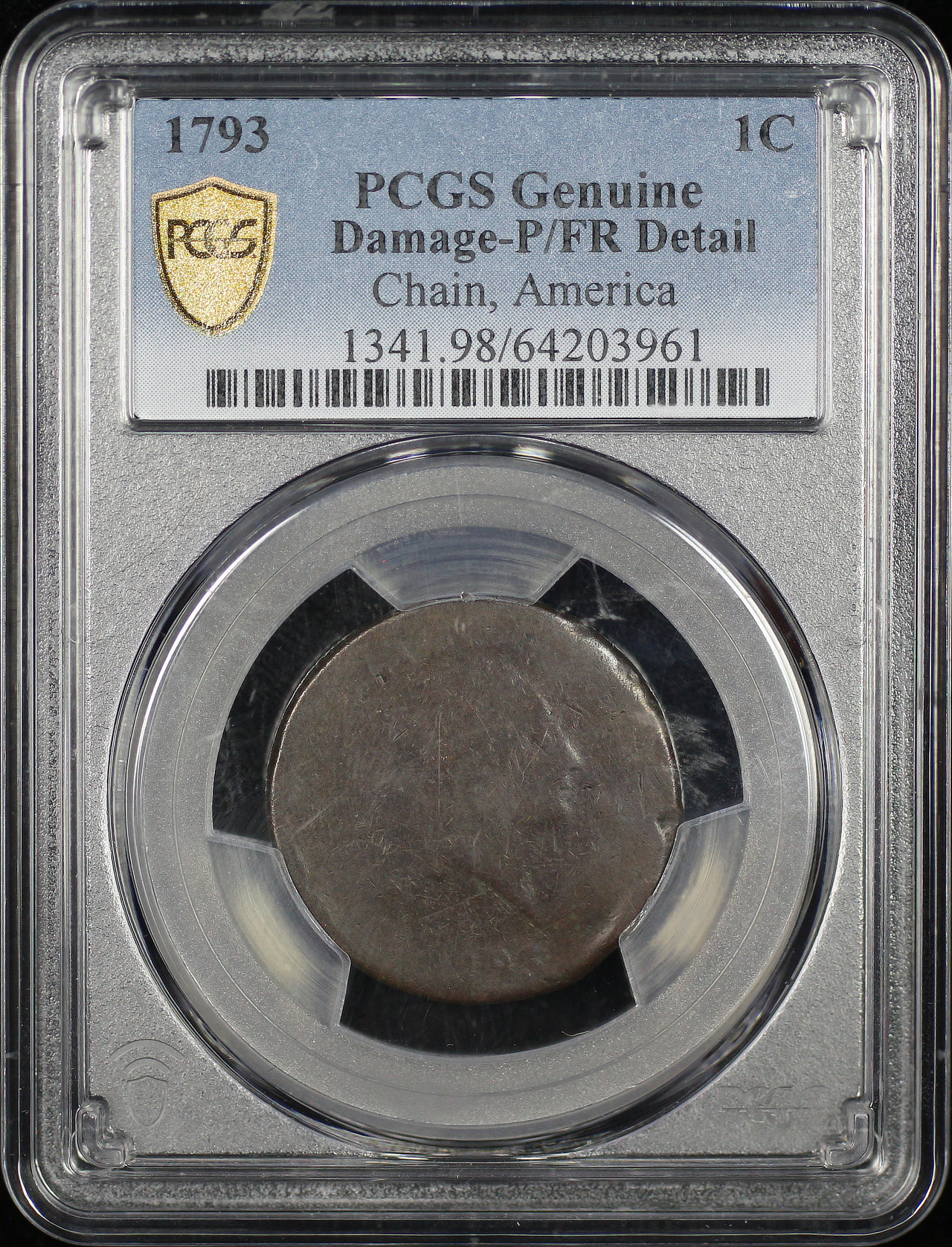Obverse of this 1793 Flowing Hair Large Cent Chain America PCGS P/FR Details Damaged