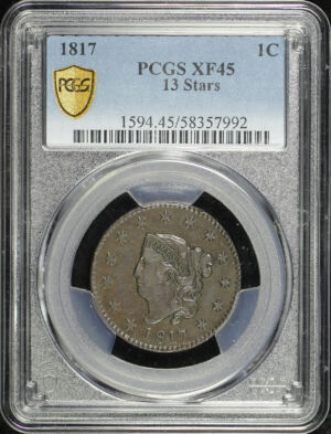 Obverse of this 1817 Coronet Head Cent 13 Stars PCGS XF-45 BN