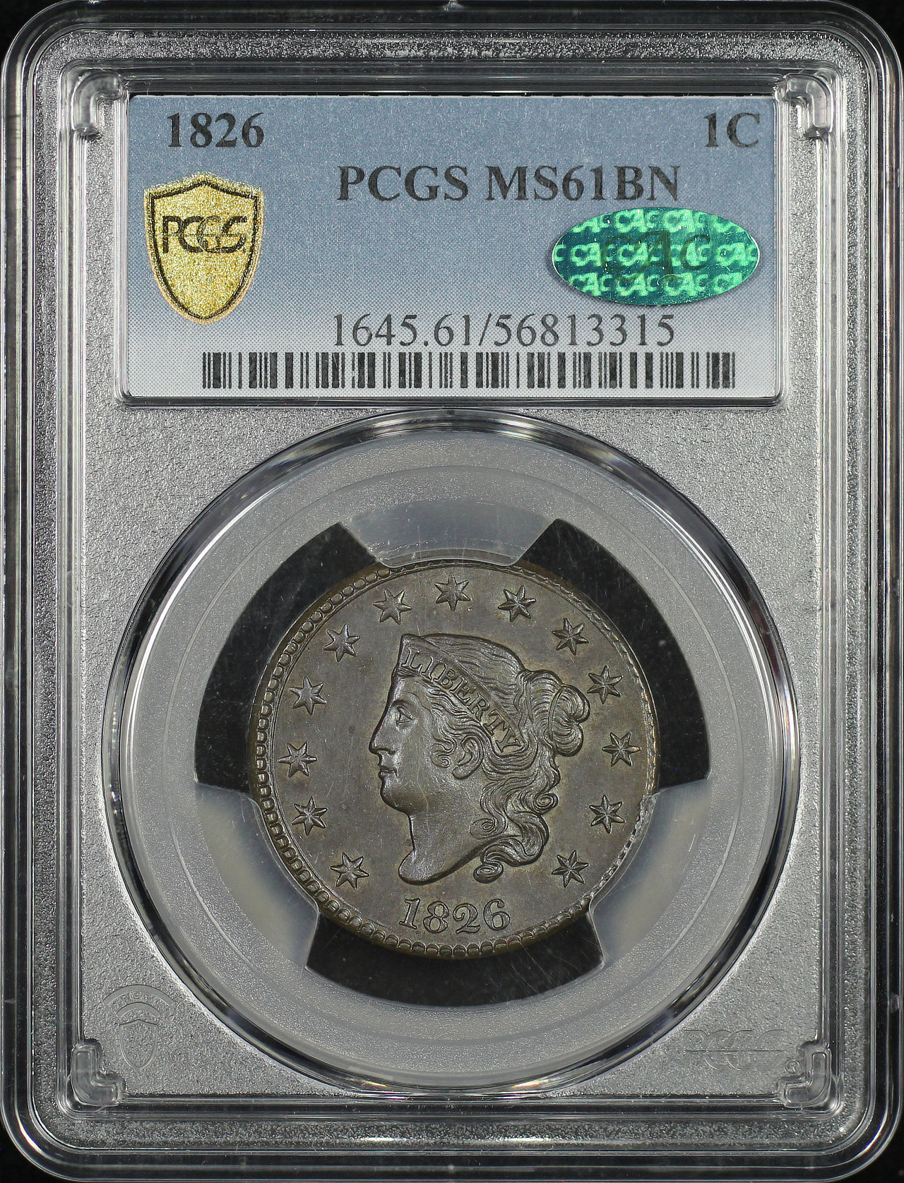 1826 Coronet Head Cent PCGS MS-61 BN CAC