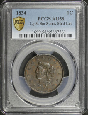 Obverse of this 1834 Coronet Head Cent Large 8, Small Stars, Medium Letters PCGS AU-58 BN