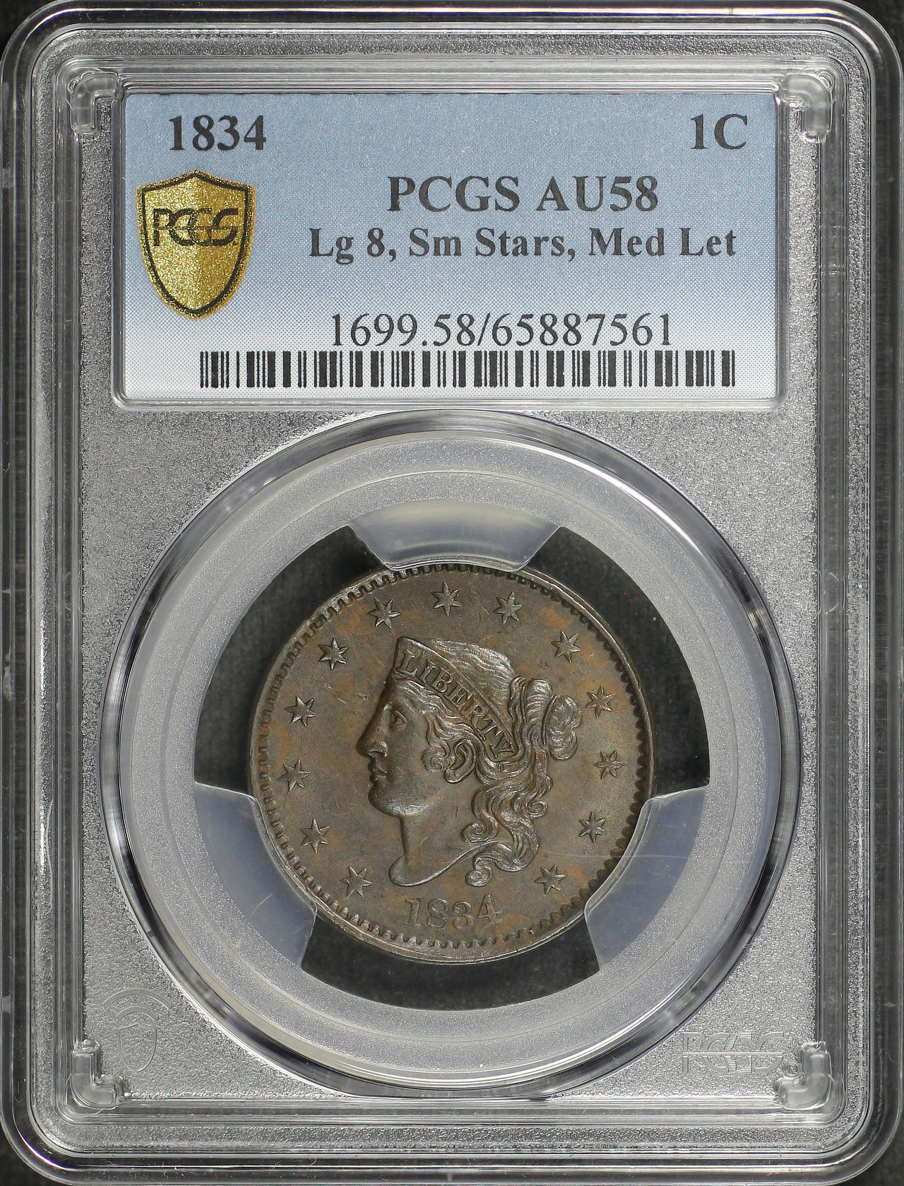 Obverse of this 1834 Coronet Head Cent Large 8, Small Stars, Medium Letters PCGS AU-58 BN
