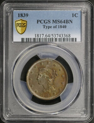Obverse of this 1839 Coronet Head Cent Type of 1840 PCGS MS-64 BN